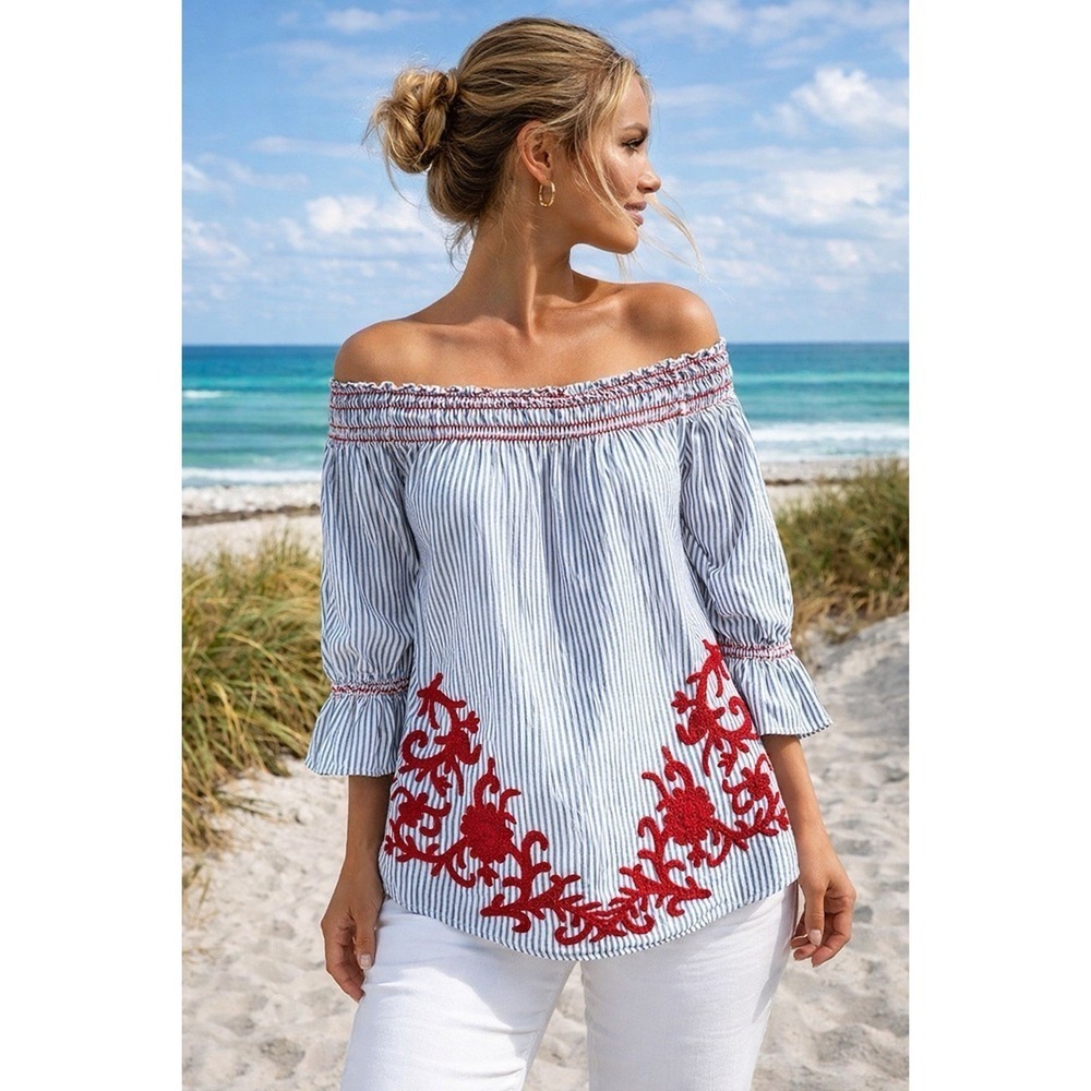 Westport Blue Striped Peasant Top Embroidered Red Floral Off Shoulder M Vacation